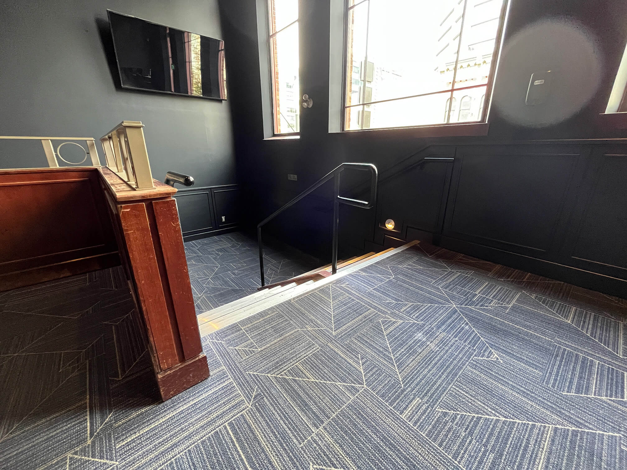 View of the stairs at the Commodore Ballroom on the second floor.